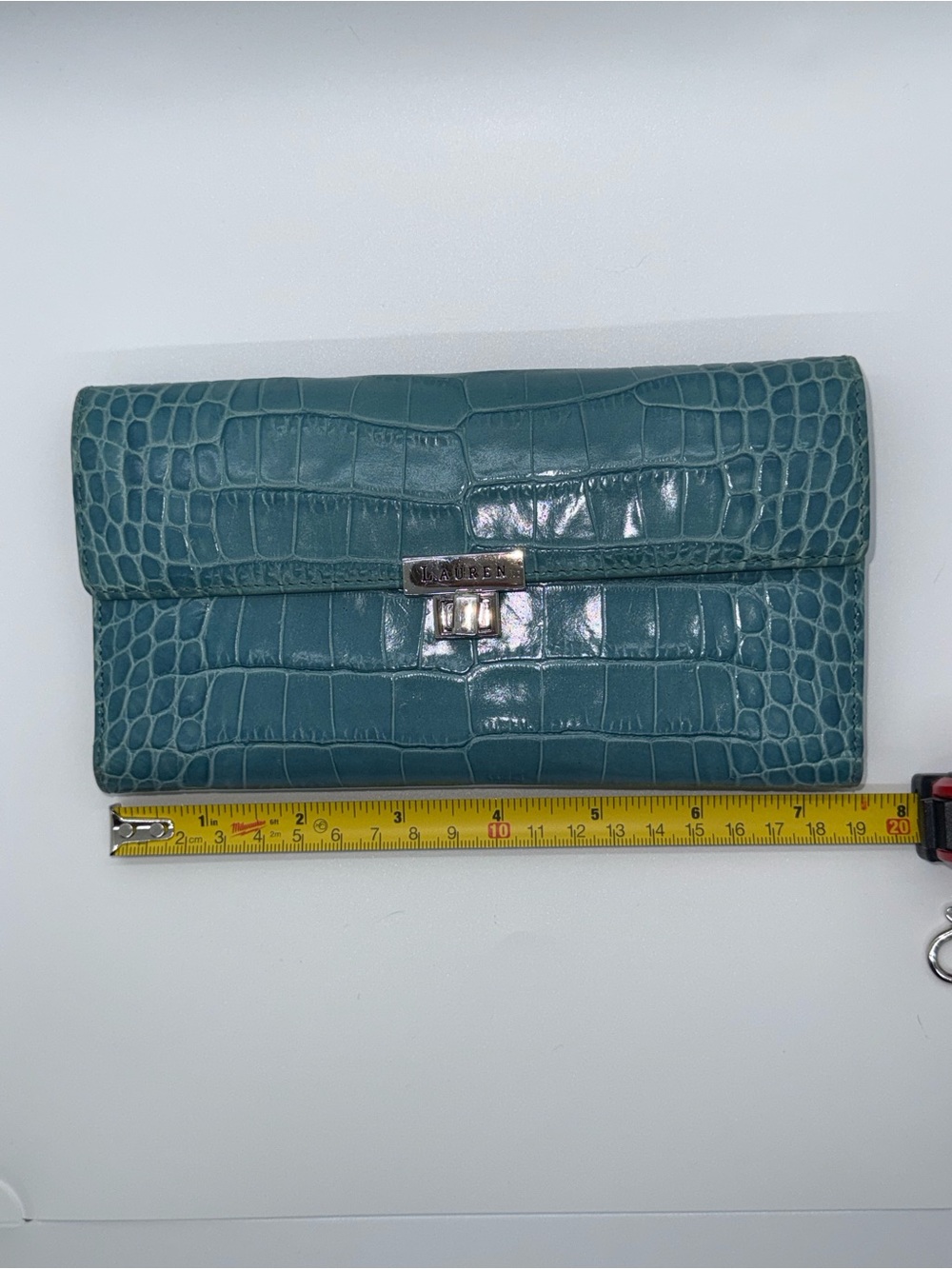 Lauren Ralph Lauren Croc Embossed Continental Wallet Turn Lock Blue - Picture 10 of 15